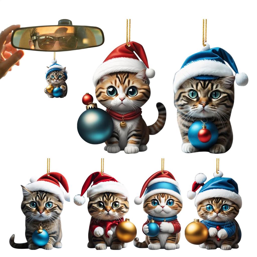 6/7 Stück 2D Lustige Katze Hängender Weihnachtsbaumschmuck Tieranhänger Rückspiegelornamente Autogeschenke Tiere Hängende Dekoration