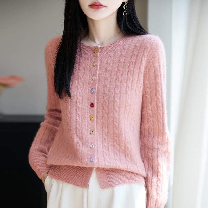 Women's 100% Pure Wool Cardigan with Colorful Buttons, Cable Knit, Loose Fit, Round Neck, Long Sleeve Base Layer Sweater