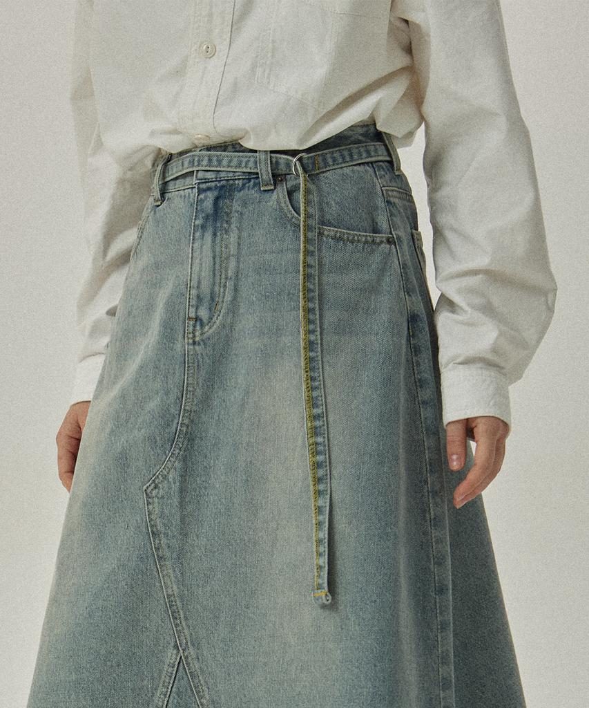 MAGOODGAN Lon As 7996 Belted Fadewash Light Indigo Denim Long Skirt