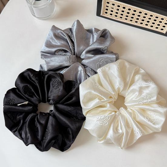 Elástico de Cabelo Feminino Cor Pura Estampa de Camélia Alta Elasticidade Corda de Cabelo Cetim Liso Scrunchy de Cabelo Acessório de Cabelo Sem Danos