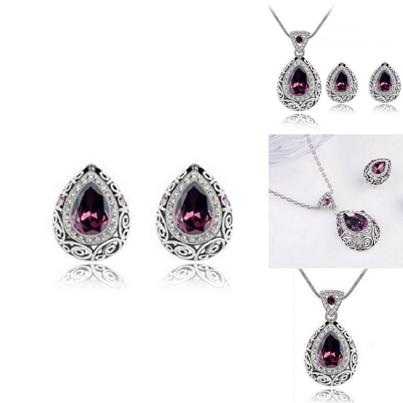 Fashion Women Purple Color Classic Genuine Pear Cut Pendant Necklace And Earring Set