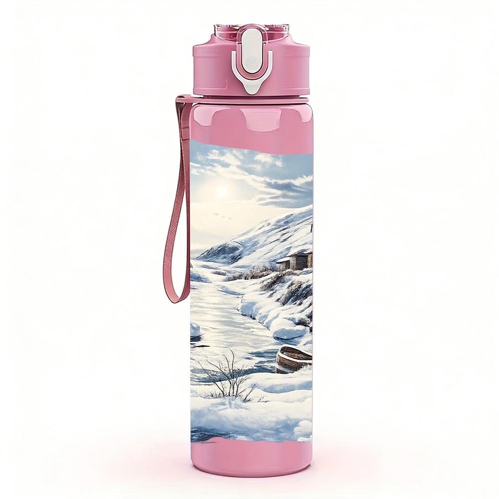 1PC Snow Mountain Lake Winter Landscape Print 750ml Color Plastic Sports Water Bottle Leakproof Flip Straw Lid Suitable for Sports Office Home Use