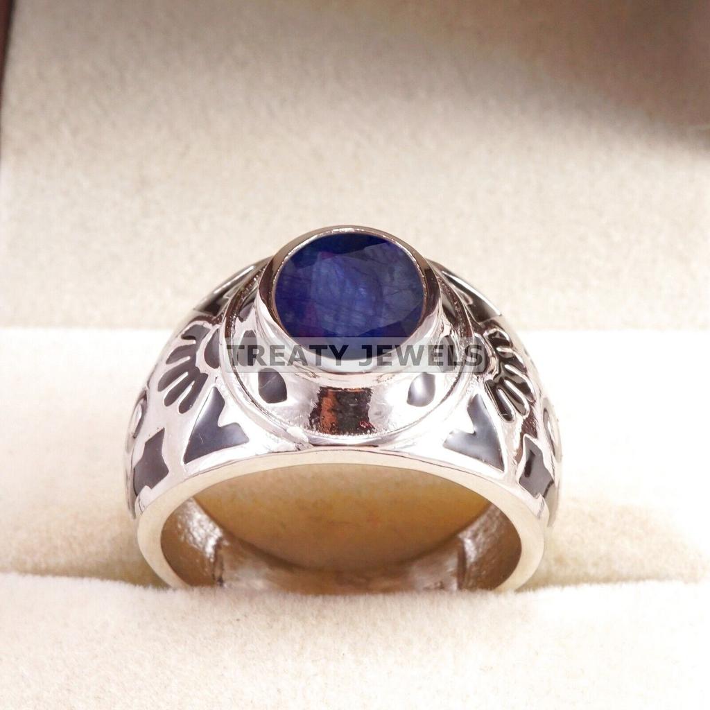 Blue Sapphire Oval Cut Gemstone With 925 Sterling Silver Ring For Men's #B606 JL375686496600