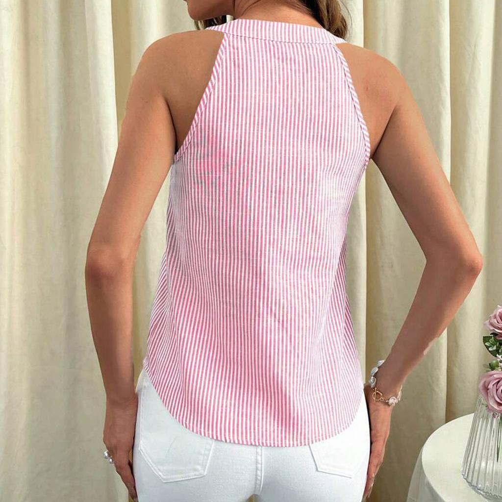 Women's Fashion V-neck Button Sleeveless Striped Top