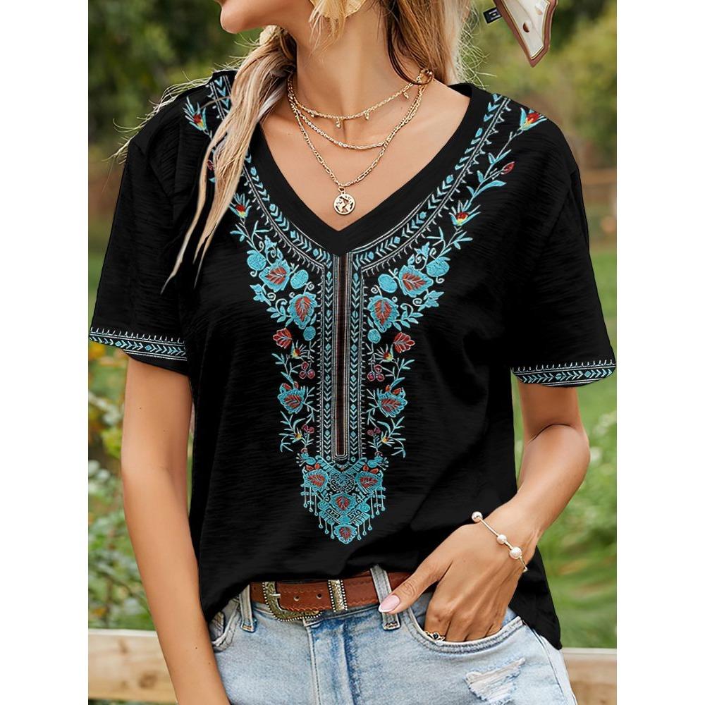 Ethnic Style T-Shirts Vintage Floral 3D Print Women's V-Neck Short Sleeve T Shirt Y2k Harajuku Tees Casual Tops Female Clothing