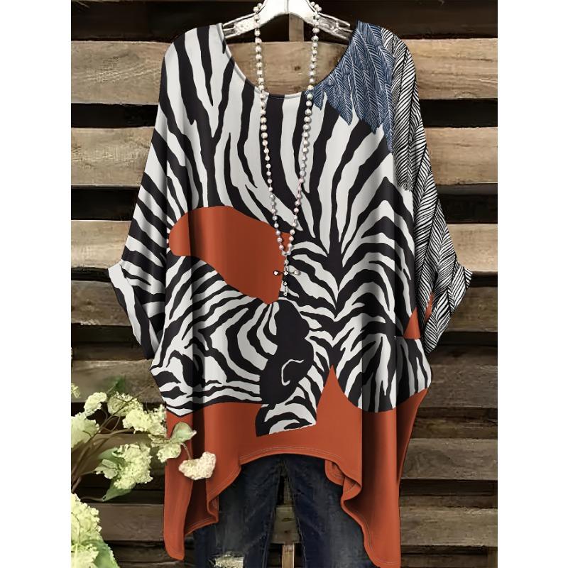 

Elegant Bohemian Vacation Style Plus T-shirt - All Zebra and Printed Round Neck 5XL