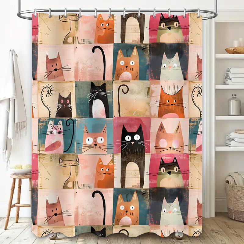 Vintage Style Cat Pattern Shower Curtain Modern Bathroom Decor Waterproof Fabric Wall Hanging Various Colors Available