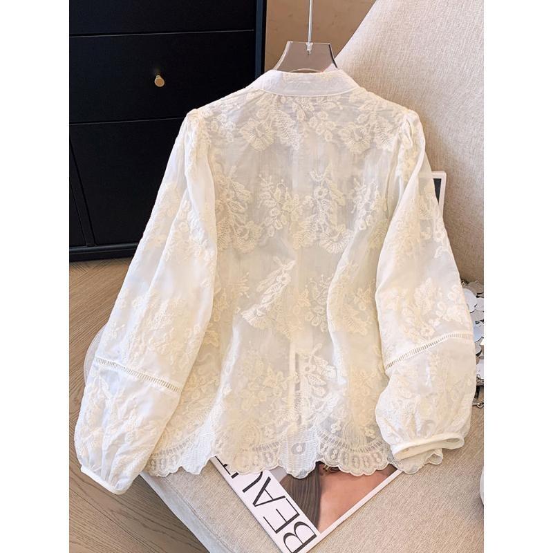 2025 New Stand-up Collar Lace Shirt Top Embroidered Shirt Sunscreen Shirt