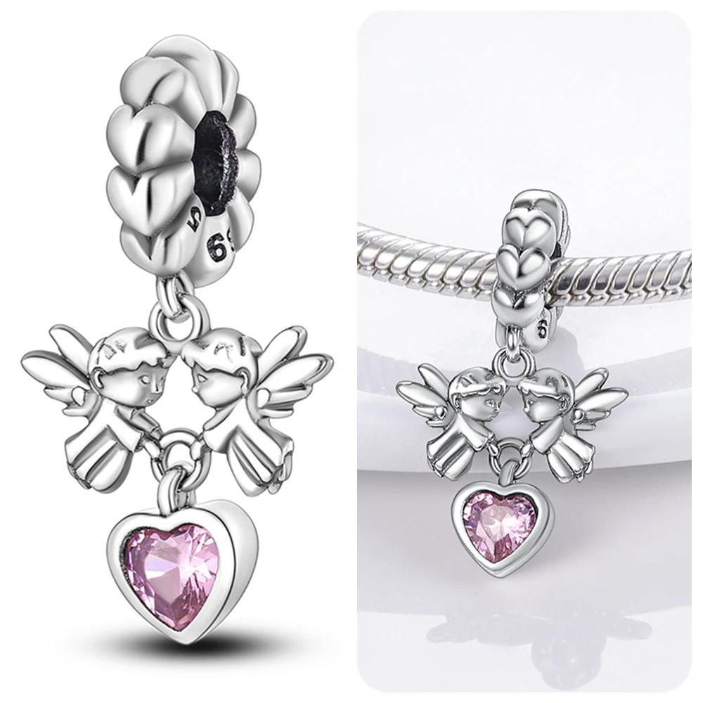 Pink Family Love Heart Charm Original Copper Beads Fit Pan Bracelet Diy Sister Mother Friendship Pendant Fine Gift Jewelry