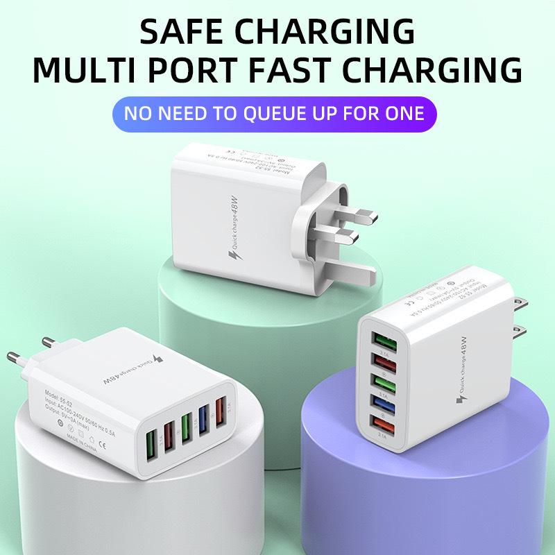 Universal Fast Charger: Multi-Port USB Adapter (5V/3A) with Europe/US/UK Compatibility