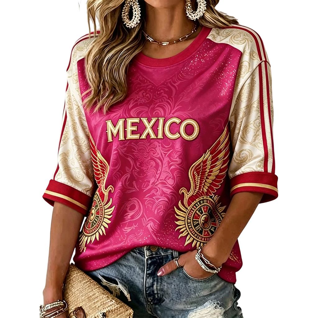 Women's Fashion Printed Round Neck Three-Quarter Sleeve Pullover Top with Mexico Soccer Graphic