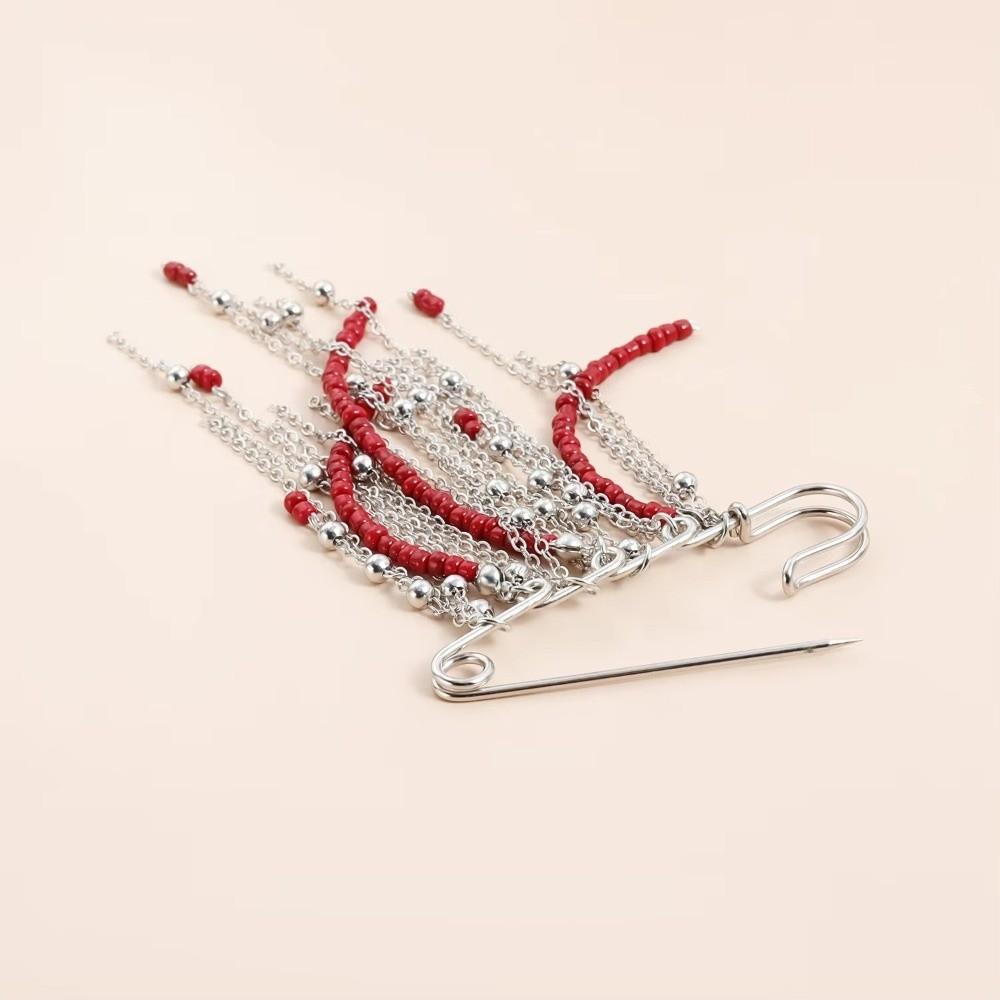 Retro Red Bead Tassel Pin Clothes Decor Clothing Jewelry Accessories Design Metal Multi Chain Brooch Exaggerate Long