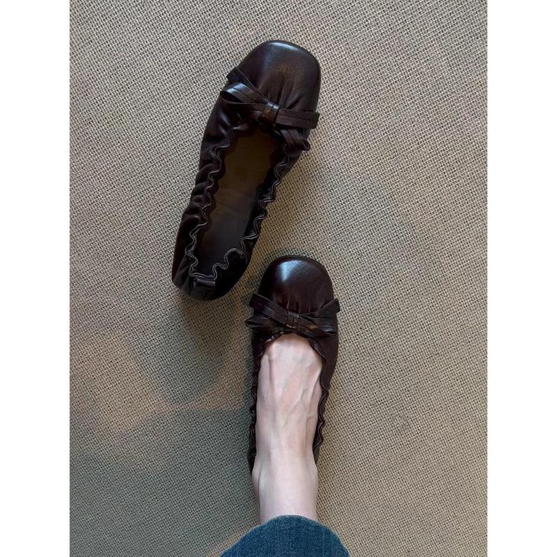 Fårskinnsversion~ Äkta läder retro plisserad rosett plattbottnade ballerinaskor pendlare mångsidiga en-pedal grund mun enkelskor