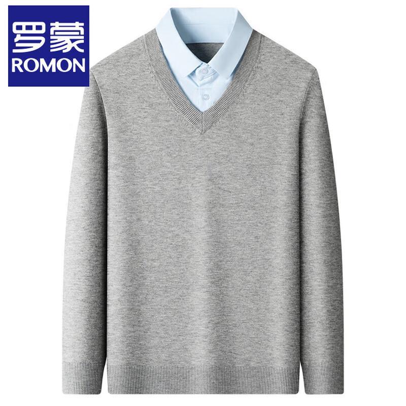 ROMON S Men's Faux Two-Piece Shirt Collar Knit Sweater