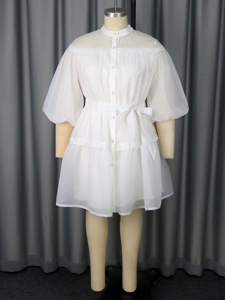 White Button Up Mini Dress with Belted Waist Puff Sleeves and Lace Trim Perfect for Casual Gatherings Parties and Weekend Outings