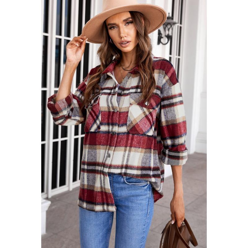 Women Vintage Plaid Long Sleeve Shirt Loose Color Collision Lapel Tops Jacket