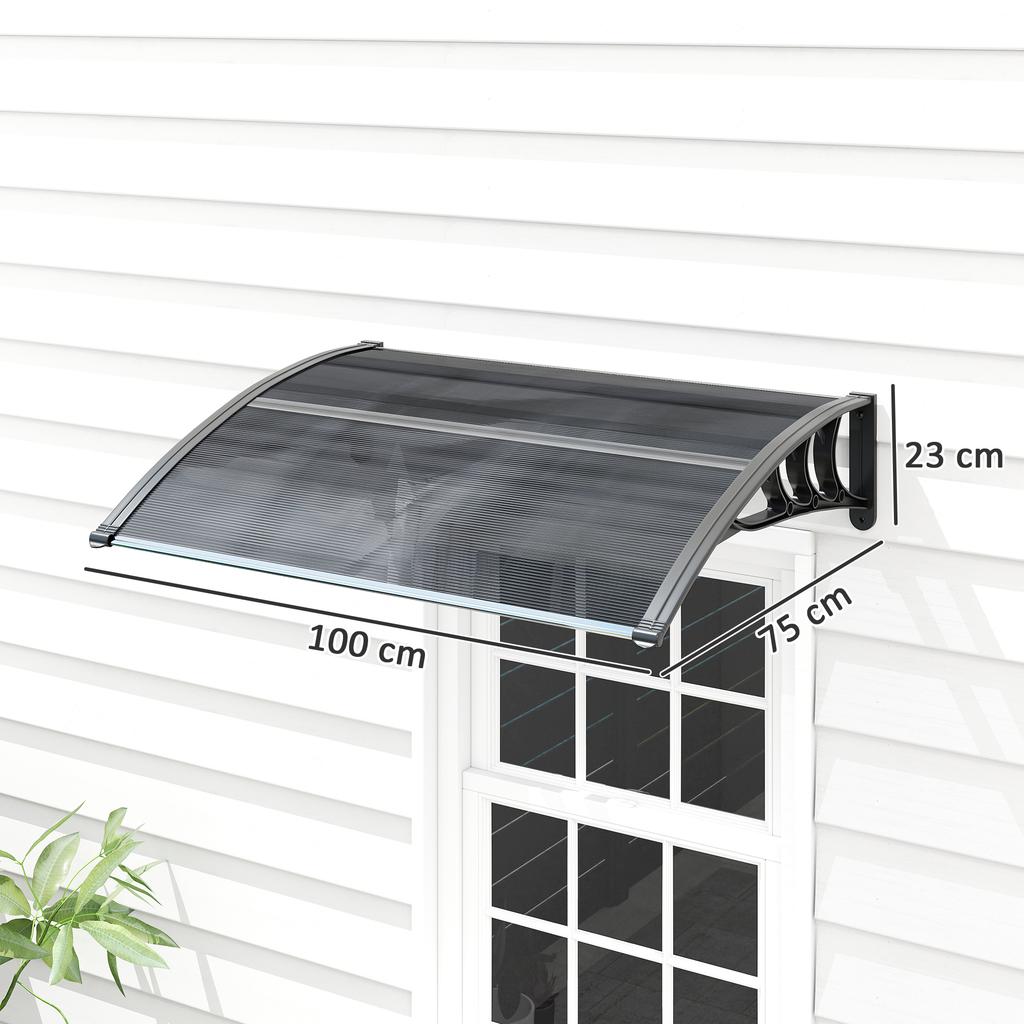 Front Door Canopy Outdoor Awning Aluminium Rigid Plastic Polycarbonate Rain Shelter UV Water Rain Resistant 100 X 75cm Black