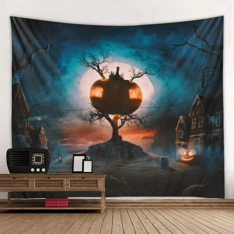 Ghost Horror Pumpkin Skull Bat Castle Halloween Tapestry Art Blanket Door Curtain Hanging Decoration Home Bedroom Living Room