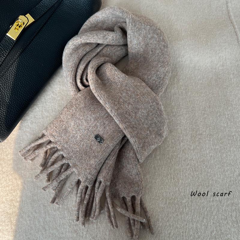 

Женский зимний шарф с кисточками из смесовой шерсти - теплый и роскошный, однотонный 160*20cm легкие хаки