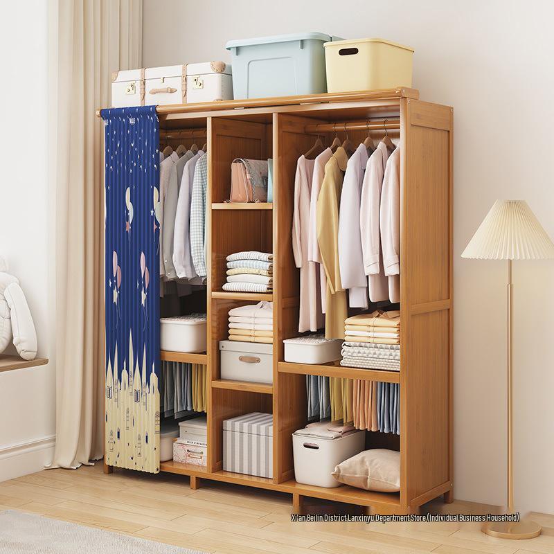 Floor-Standing Wardrobe with Curtain for Bedroom Storage, Easy Assembly, Space-Saving Design.