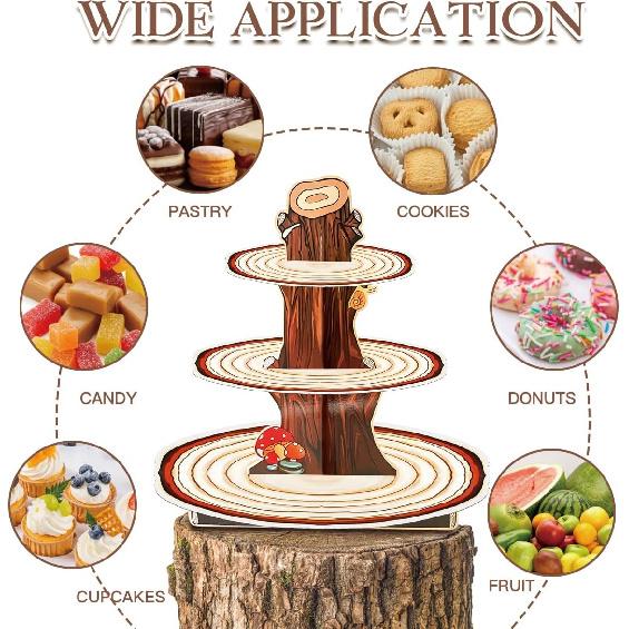 Wooden 3 Tier Cupcake Stand, Wood Style Cake Stand for Party Decorations Baby Shower Decoration, Enchanted Forest Safari Birthday Cupcake Decorations