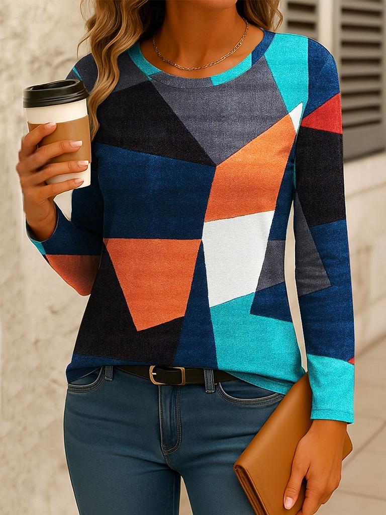 Damen T-Shirt 3D unregelmäßiger geometrischer Druck modisch langärmelig Rundhals reguläres Oberteil Urlaub Frühling und Herbst