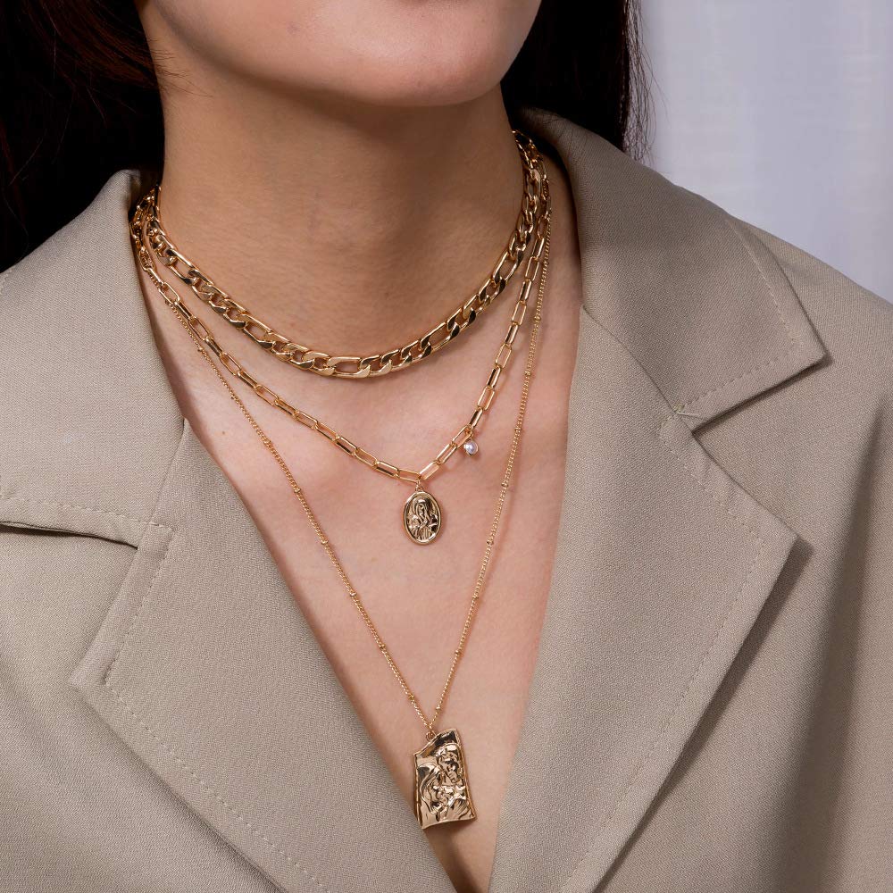 [Deelfel] Women's Necklace, Pearl, Gold (18k), Figaro Chain, Christ, Jesus, Buddha Statue, Amulet, Triple Chain Necklace, Main Deity Pendant, Purifica