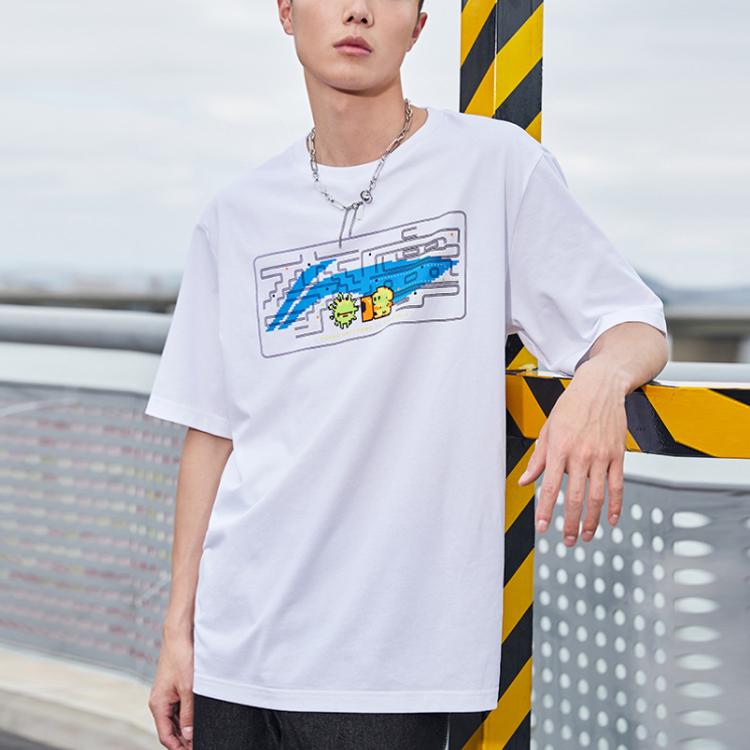 Li-Ning Pattern Quick-Dry Breathable Loose Short Sleeve T-Shirt And Sports Pants Casual Sports Set Men Sets White Black AHSR340-11+AYKS467-1