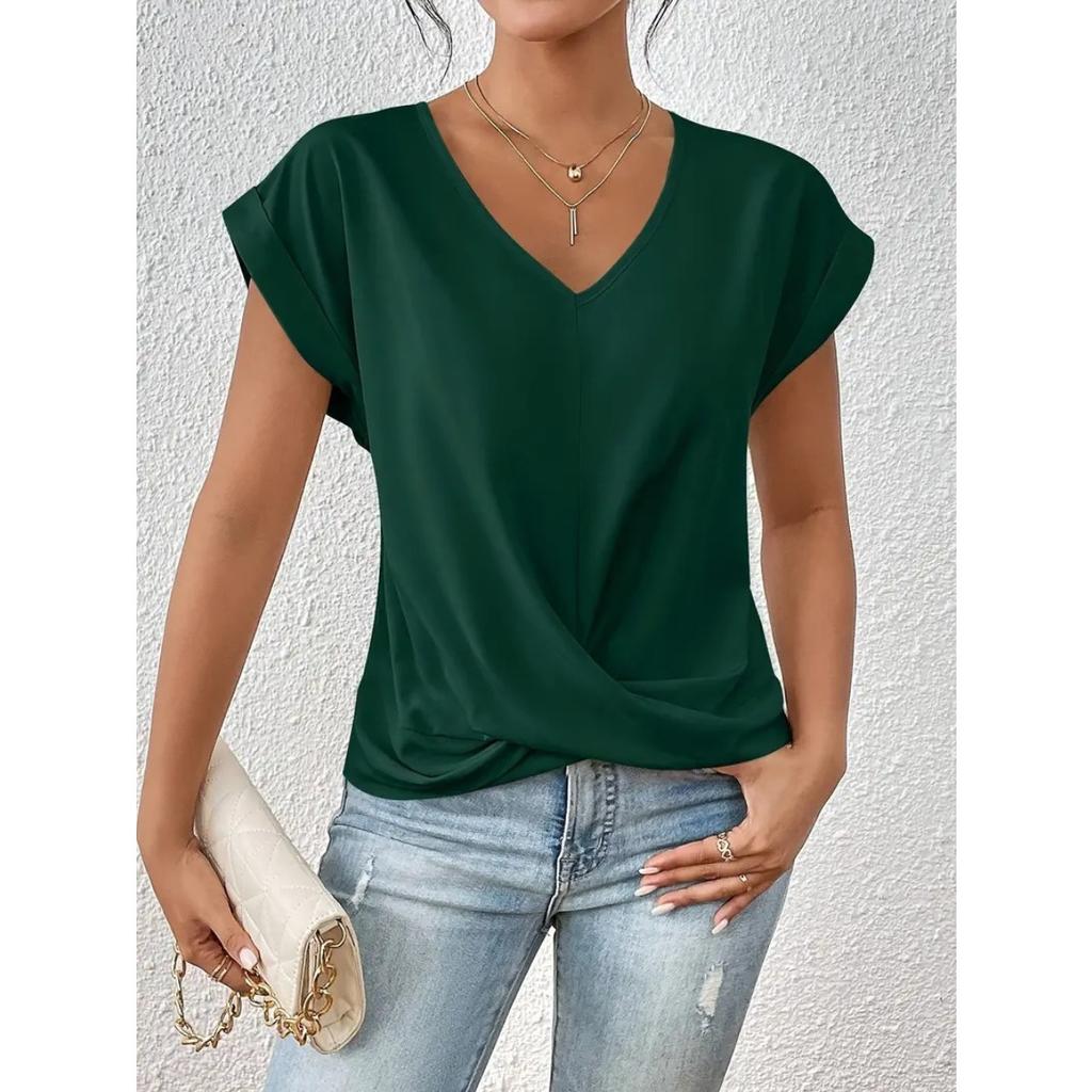 Women's V Neck Rolled Cap Sleeve T Shirt Front Twist Knot Solid Color Elegant Summer Blouse