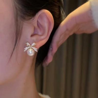Light Luxury Bow Pearl Earrings Bowknot Bow Pearl Ear Hook Korean Bow Pearl Ear Studs  Bride