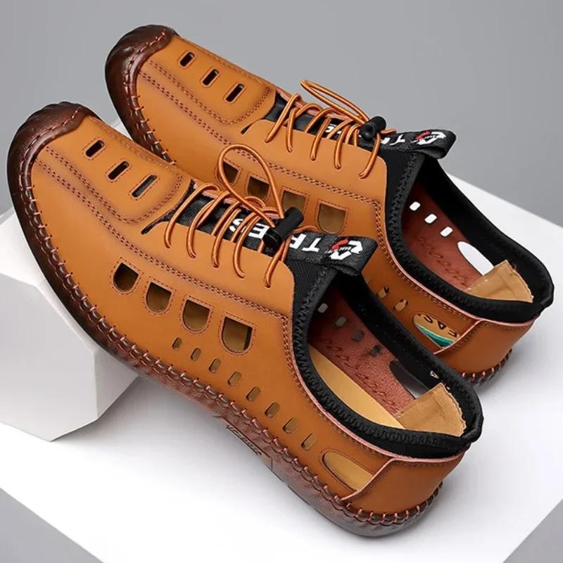 Summer Men Leather Sandals Breathable Non-slip Cow Tendon Sole Casual Leather Shoes Outdoor Beach Shoes