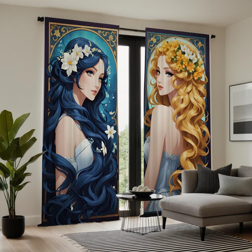 Set Of 2 Hd Retro Cartoon Curly Girl Decorative Curtain Blue Tie Digital Printed Home Decoration Style Decorated Livi Made Polyester