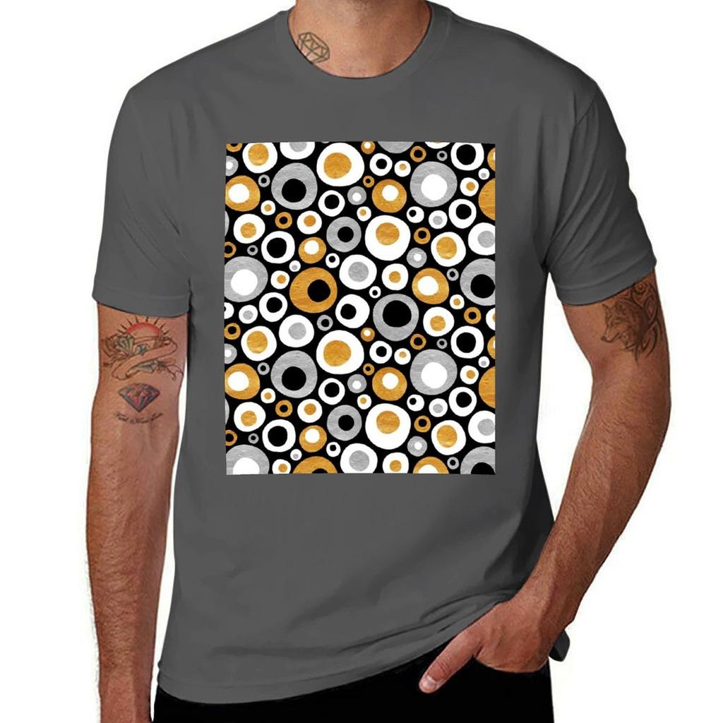 Funky Mid Century Modern Circles Gold Silver Black White TShirt Plus Size Basic Short Sleeve Top