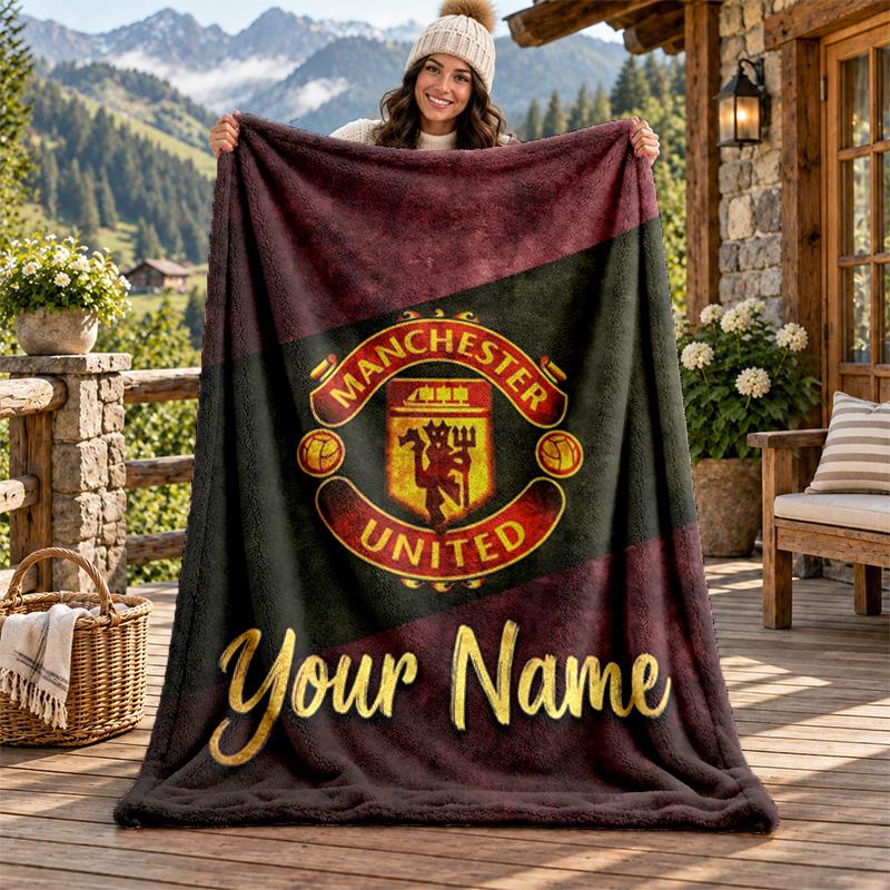 FC Manchester Custom Name Flannel Blanket Personalized Soft Warm Plush Throw Blanket Customized Gift for Family Friends