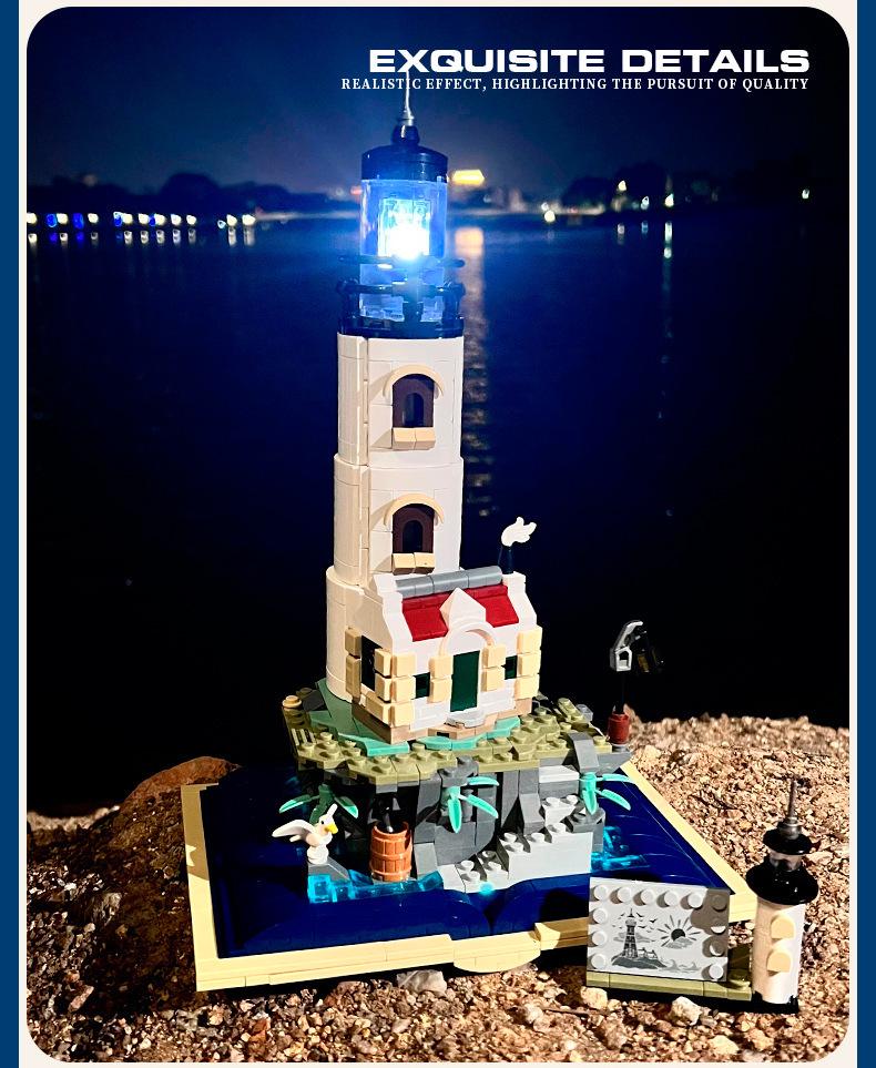 Compatible LEGO Lighthouse Toy: Rotating Light & Small Particle Building Blocks, Architectural Street View Model