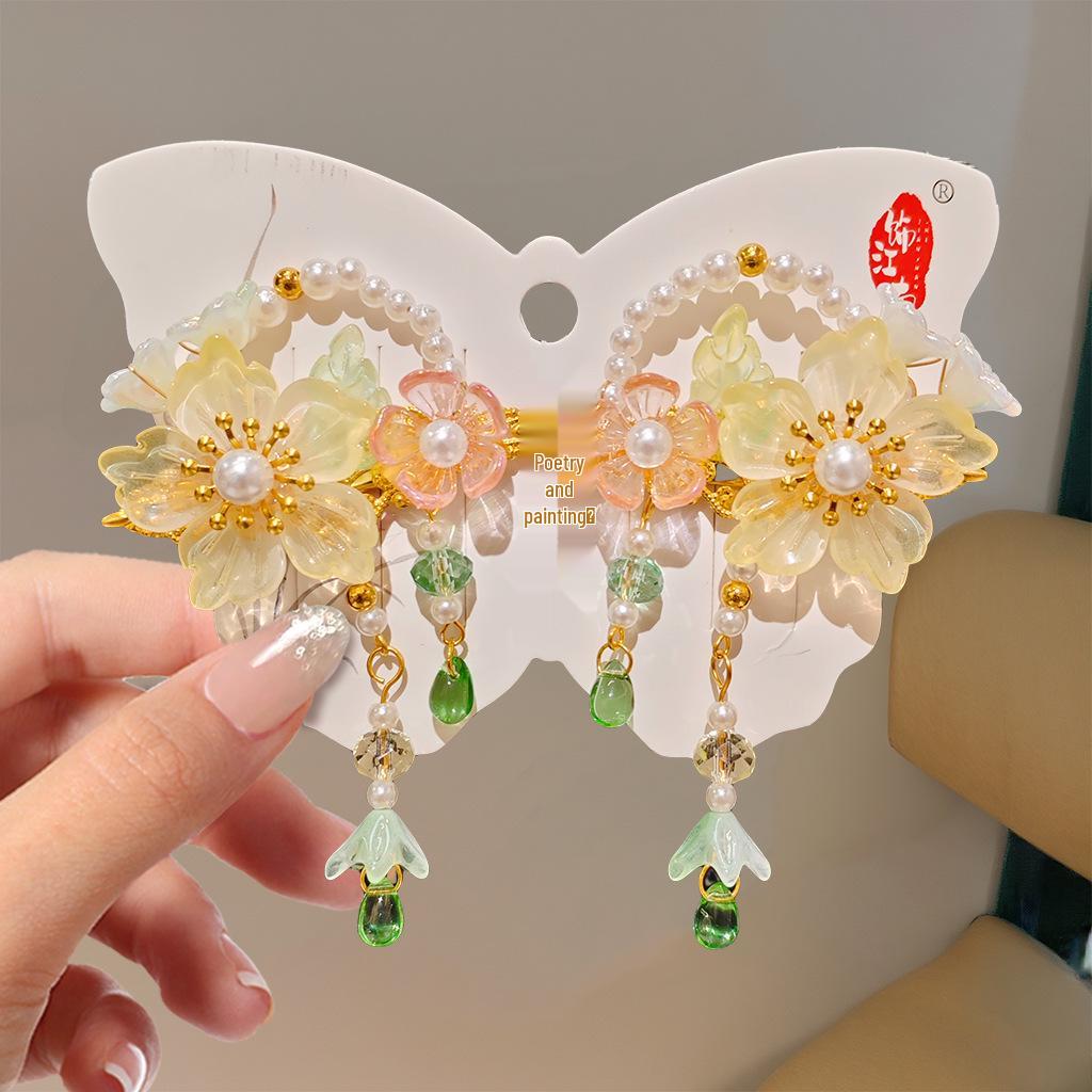 Mid-Autumn Hanfu Fairy Hair Clip - Women's & Children's Ancient Style Floral Tassel, Sweet Accessory for Girls