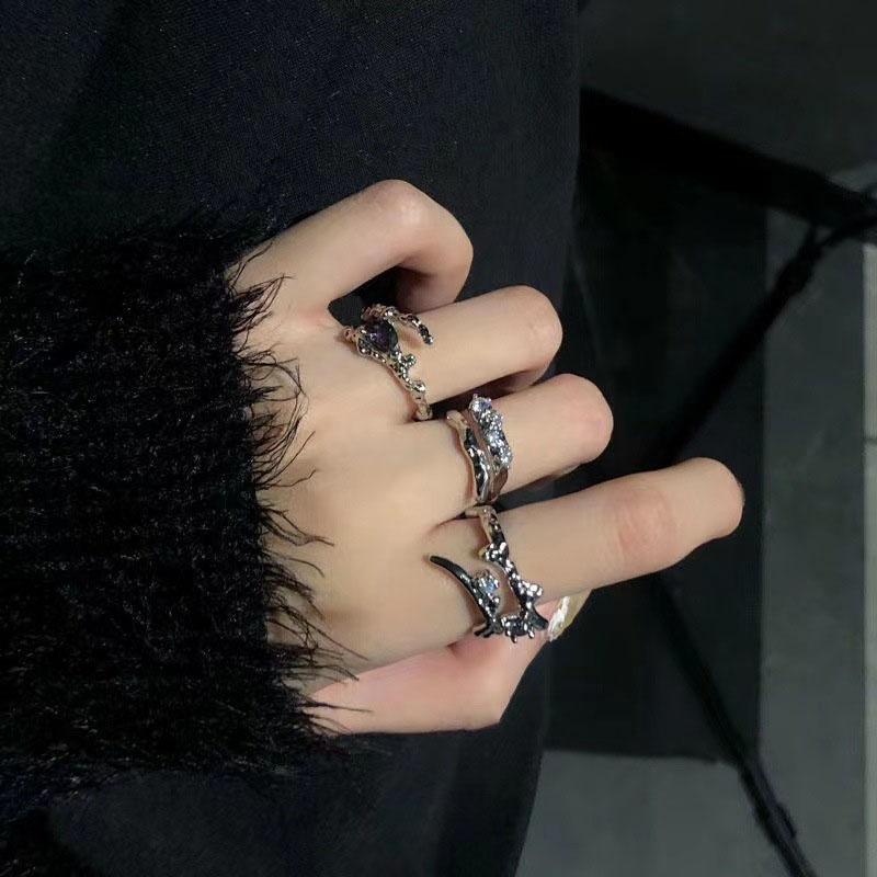 Punk Irregular Rings With Opal Aesthetic Egirl Hollow Vintage Stone Rings For Women Y2k Open Ring Trendy Jewelry