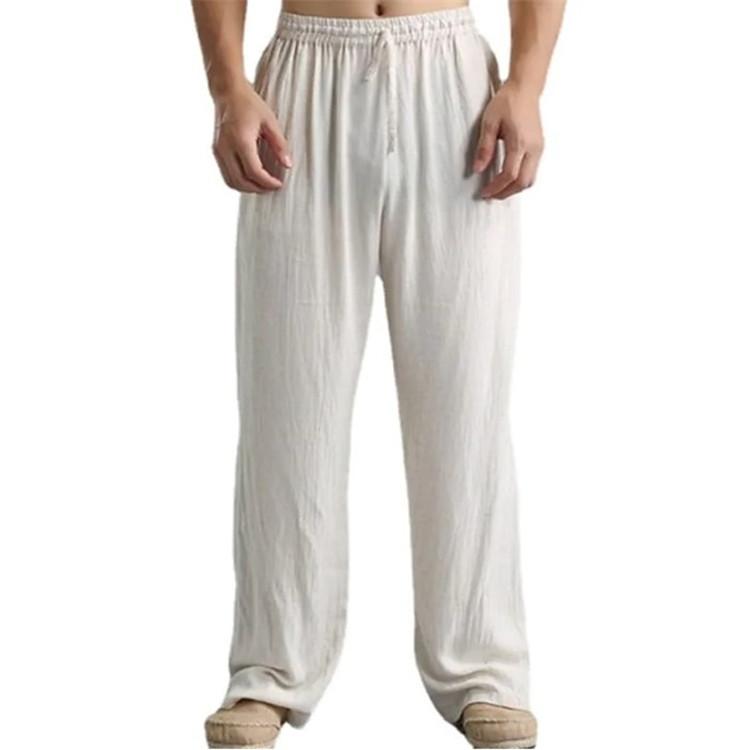 New youth male solid colour cotton linen drawstring loose casual trousers