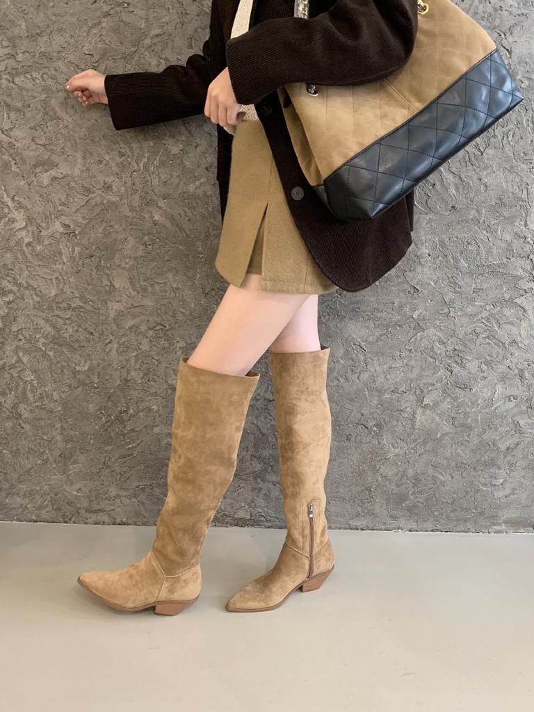 2025 Autumn and Winter New Big Tube Circumference Pointed Toe Over Knee Boots Thick Heel High Boots Medium Heel Boots Stacking Boots