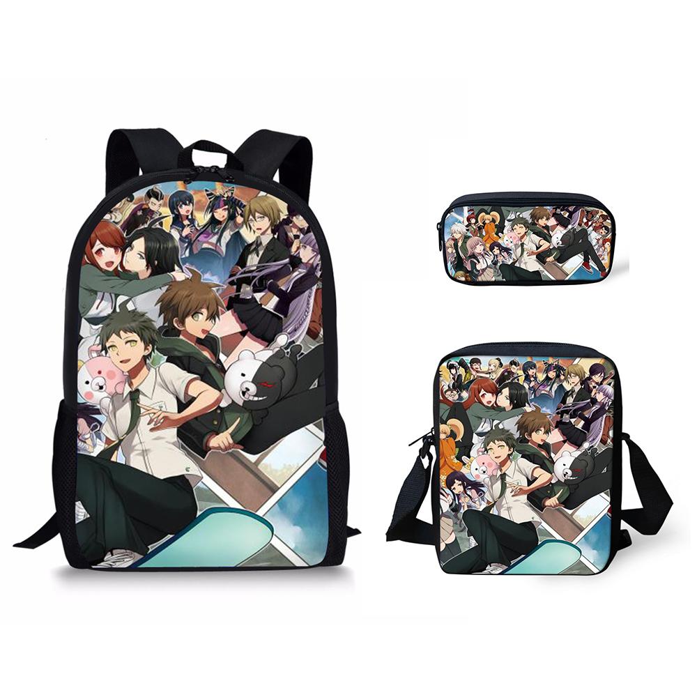 Classic Danganronpa Pattern 3D Print 3pcs/Set Pupil School Bags Laptop Daypack Backpack Inclined Shoulder Bag Pencil Case