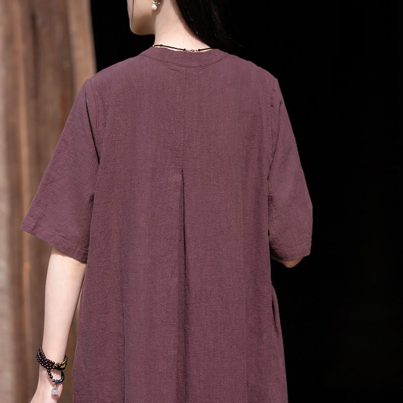 Johnature Women Vintage Dress Stand Short Sleeve Summer Button Solid Color Chinese Style Dresses