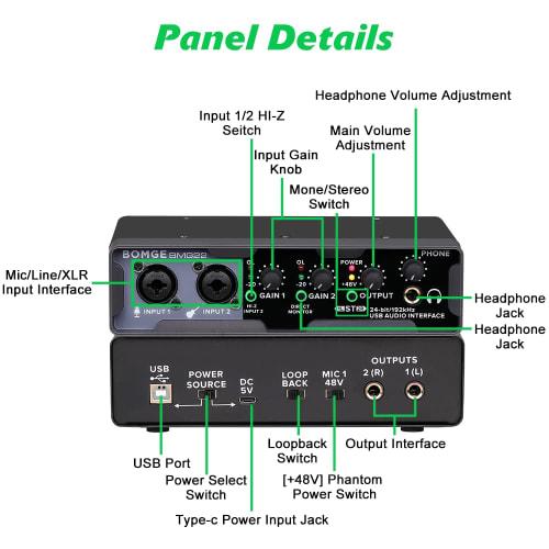 BOMGE USB Audio Interface (24-bit/192 kHz), XLR, Phantom Power, Direct Monitoring, Loopback for PC Recording, Streaming, Guitarists, Vocalists, and Po