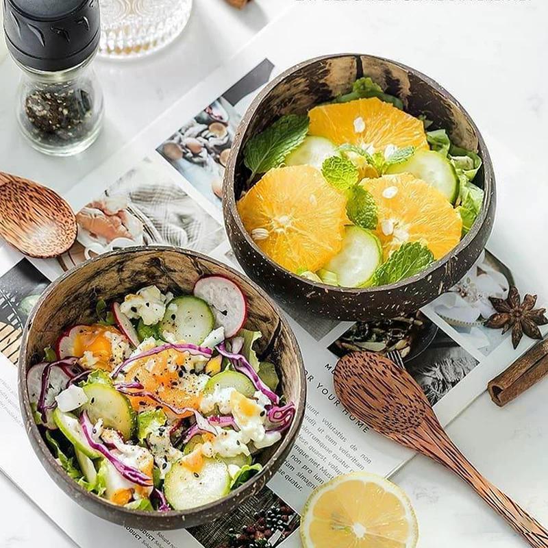 Natürliche Kokosnussschale Holz Handgefertigte Kokosnussschalen Zum Essen Geschirr Gabel Löffel Für Dessert Obstsalat Mischen Reis