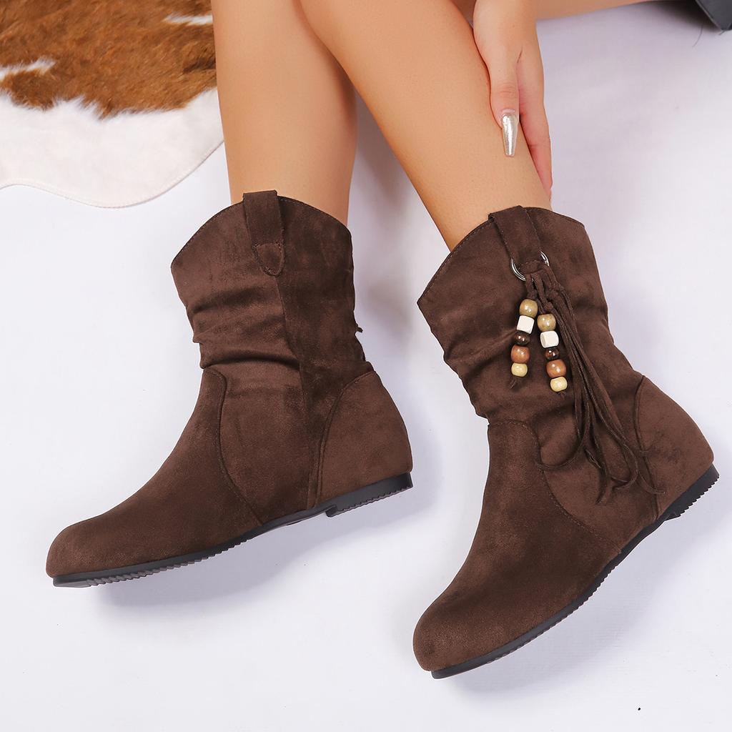 Large size retro short boots for women's 2025 autumn and winter new round head beaded decorative stacking boots for thin and velvet women