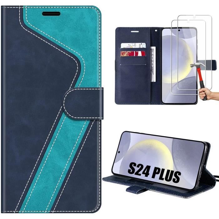 Coque pour Samsung Galaxy S24 Plus (S24+) - Protection Anti-Rayure Pliable Effet Cuir Bleu + 2 Protection d'écran Verre Trempé