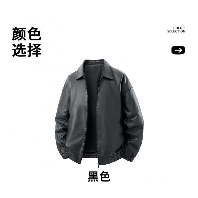 Mens PU Leather Jacket Vintage Workwear Relaxed Fit Street Style Black Outerwear