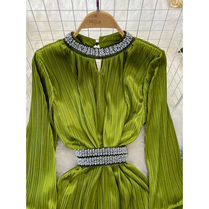 Accessible Luxury Sanzhai Ruched Long Sleeves Glossy Dress Dress