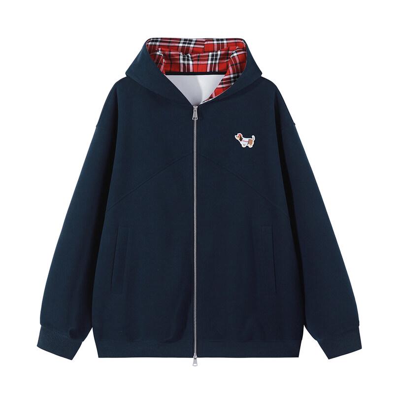 LEMANISM Dachshund Plaid Hooded Zip-Up Jacket