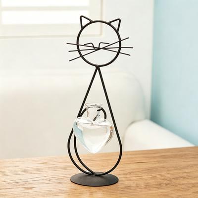 Decorative Ornament, Cat-Shaped Rust-Proof Iron Bracket with Transparent Glass Vase for Hydroponic Plants Desktop Decoration