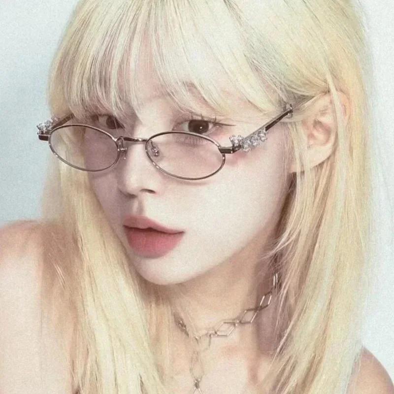 Women's Punk Retro Silver Anti Blue Light Eyewear Rhinestone Stainless Steel Oval Frame Glasses Girl Reading Seaside Spectacles